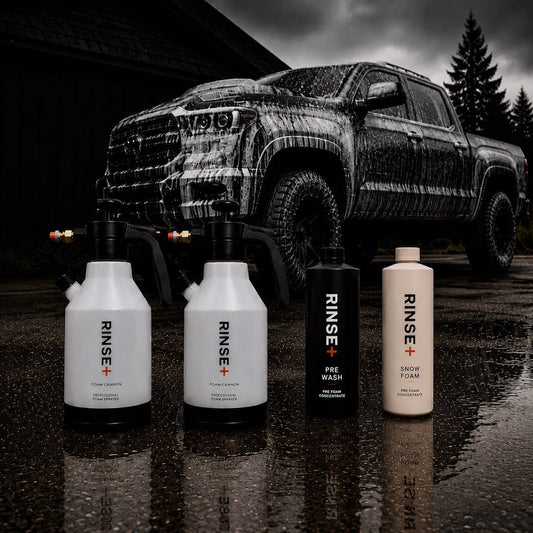 Two V2 foam cannons with Pre-Wash and Snow Foam, foamed pickup behind.