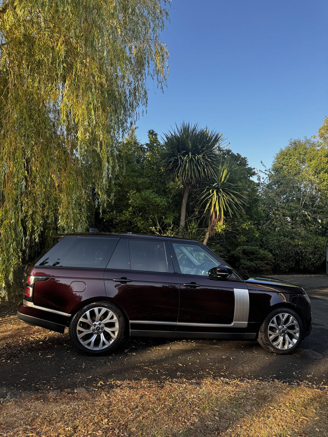 Clean side profile of a dark Range Rover. No pressure washer.